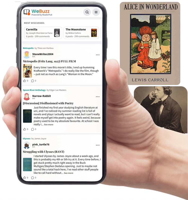 Readers discussing books, authors, and highlighted passages inside a modern literary social network